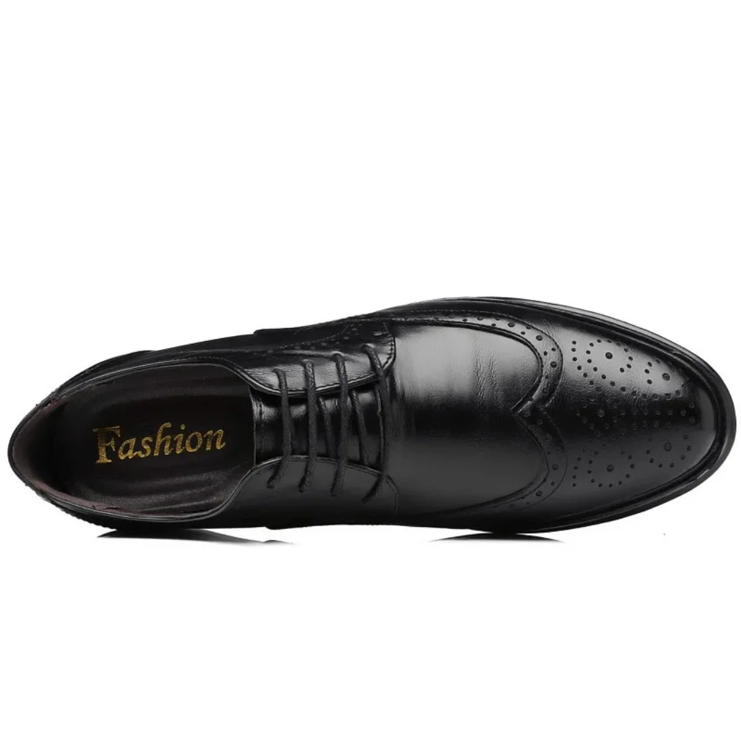 Black Men's Pointed Toe Oxford Shoes — Asher Lace-Up Brogue Leather - Top View Single