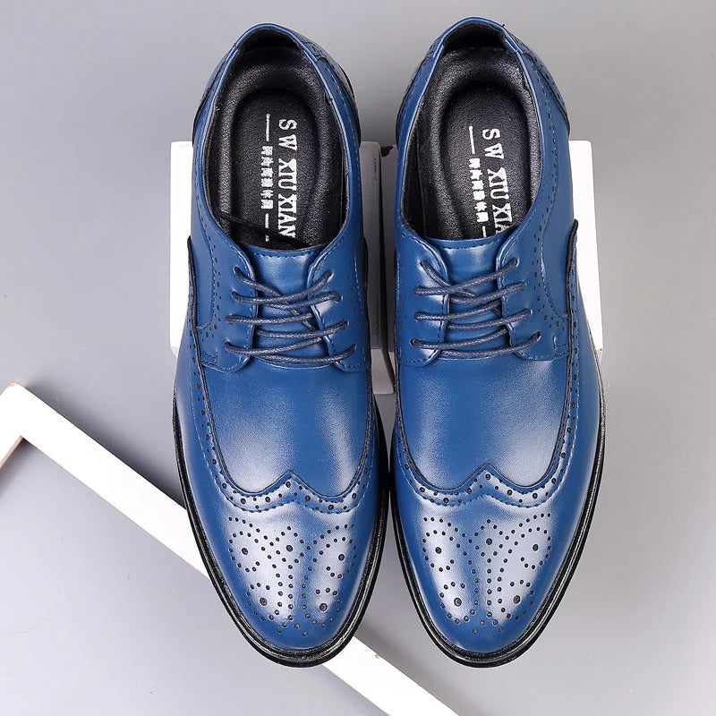 Blue Men's Pointed Toe Oxford Shoes — Asher Lace-Up Brogue Leather - Top Down Flat