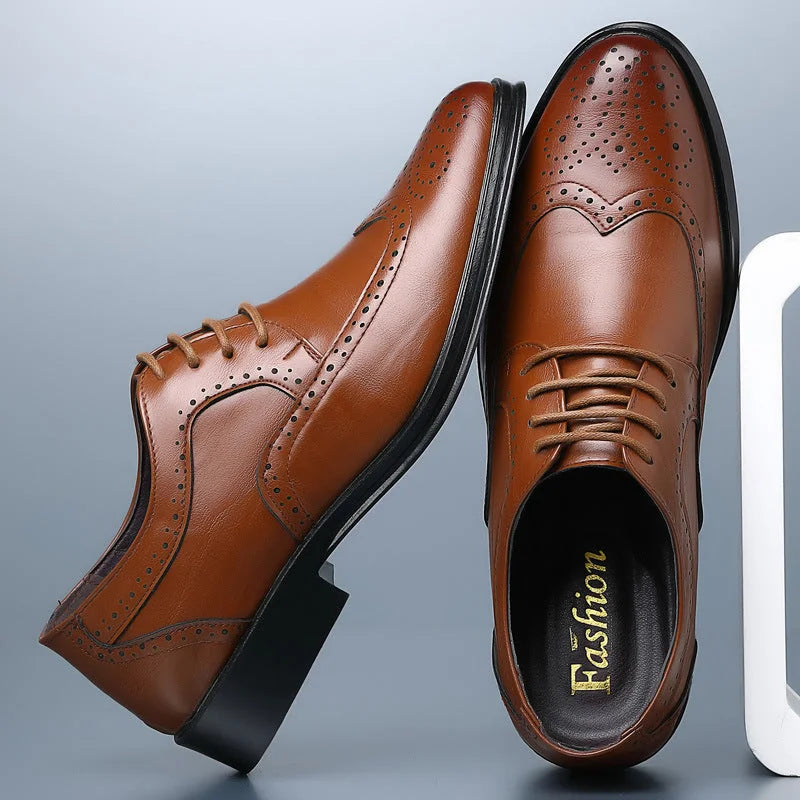 Brown Men's Pointed Toe Oxford Shoes — Asher Lace-Up Brogue Leather - Side Stacked Pair