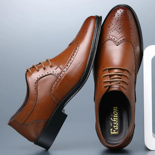 Brown Men's Pointed Toe Oxford Shoes — Asher Lace-Up Brogue Leather - Side Stacked Pair
