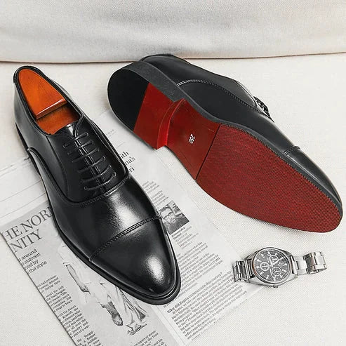 Black Men's Oxford Shoes — Grayson Lace-Up Cap Toe Genuine Leather - Flat Lay Watch