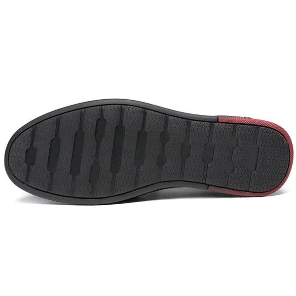 Black Men's Leather Slip-On Shoes — Edward Cushioned Moc-Toe Business Loafers - Sole Outsole Detail