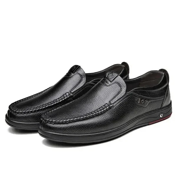 Black Men's Leather Slip-On Shoes — Edward Cushioned Moc-Toe Business Loafers - Studio White Pair