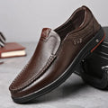 Brown Men's Leather Slip-On Shoes — Edward Cushioned Moc-Toe Business Loafers - Front Full