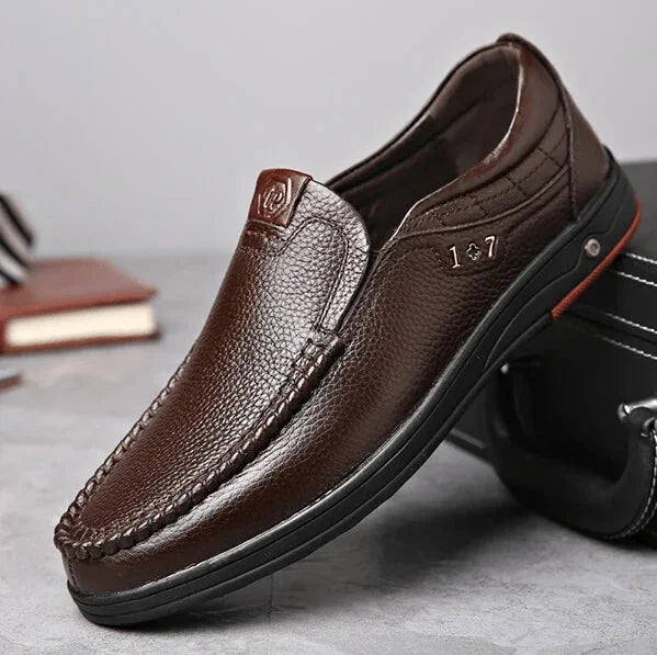 Brown Men's Leather Slip-On Shoes — Edward Cushioned Moc-Toe Business Loafers - Front Full