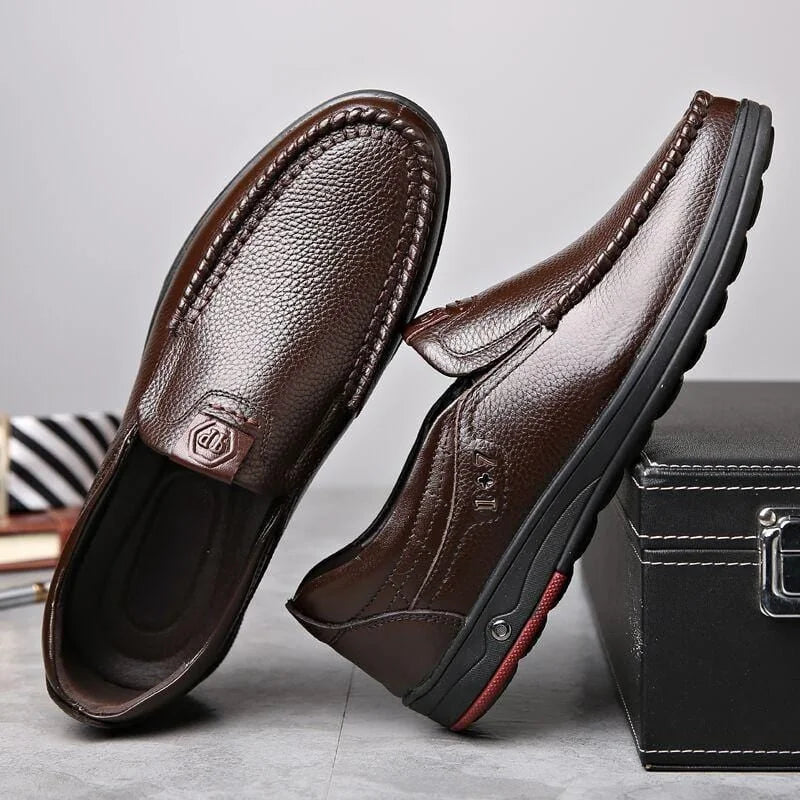 Brown Men's Leather Slip-On Shoes — Edward Cushioned Moc-Toe Business Loafers - Side Pair Angle