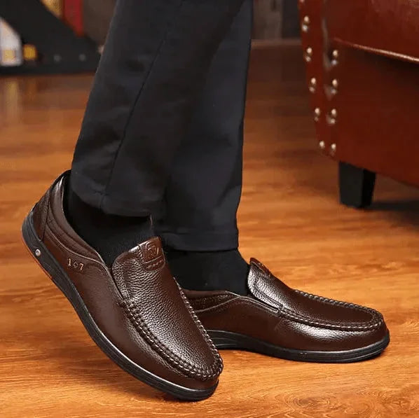 Brown Men's Leather Slip-On Shoes — Edward Cushioned Moc-Toe Business Loafers - Worn Lifestyle