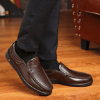 Brown Men's Leather Slip-On Shoes — Edward Cushioned Moc-Toe Business Loafers - Worn Lifestyle