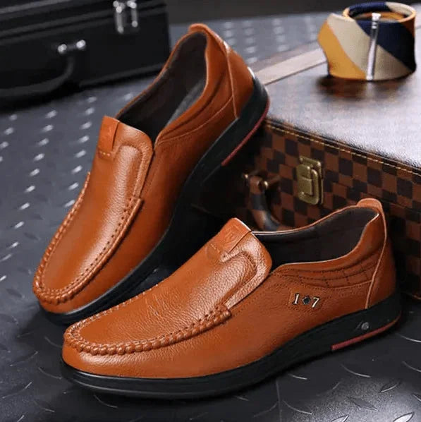 Yellow Men's Leather Slip-On Shoes — Edward Cushioned Moc-Toe Business Loafers - Pair Luggage Scene