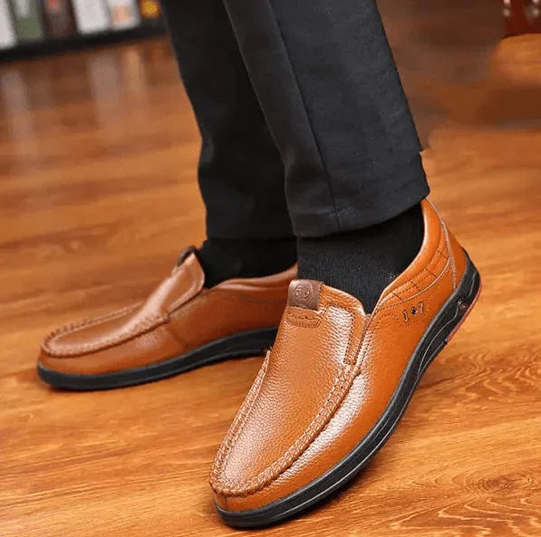Yellow Men's Leather Slip-On Shoes — Edward Cushioned Moc-Toe Business Loafers - Worn Floor Pose