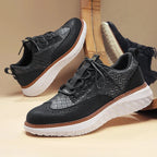 Black Men's Woven Leather Sneakers — Nicole Cushioned Wingtip Lace-Up - Pair Display Angle