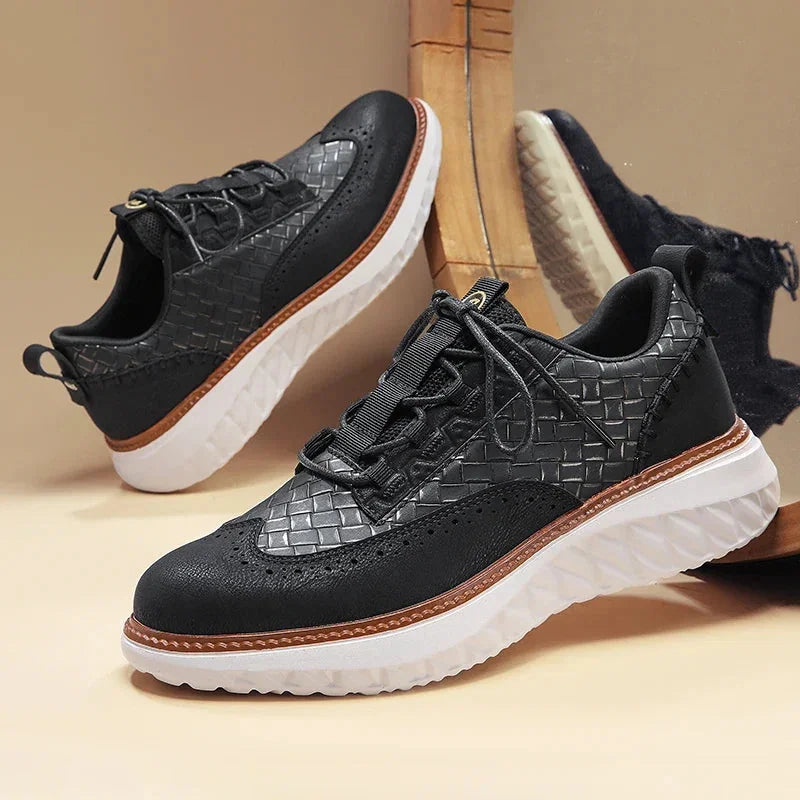 Black Men's Woven Leather Sneakers — Nicole Cushioned Wingtip Lace-Up - Pair Display Angle