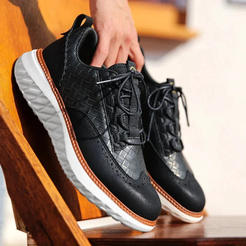Black Men's Woven Leather Sneakers — Nicole Cushioned Wingtip Lace-Up - Worn Lifestyle Hand