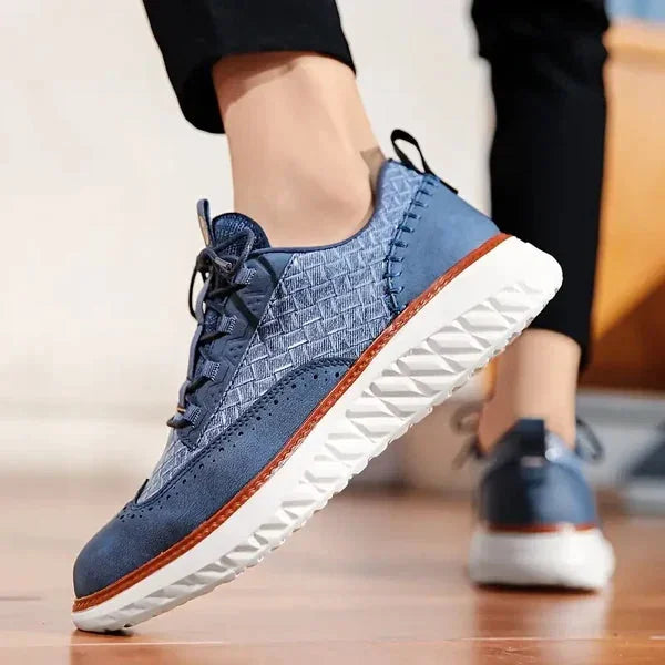Blue Men's Woven Leather Sneakers — Nicole Cushioned Wingtip Lace-Up - Model Walking