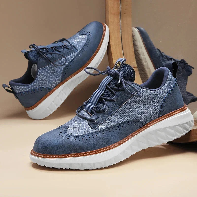 Blue Men's Woven Leather Sneakers — Nicole Cushioned Wingtip Lace-Up - Pair Display Reflection