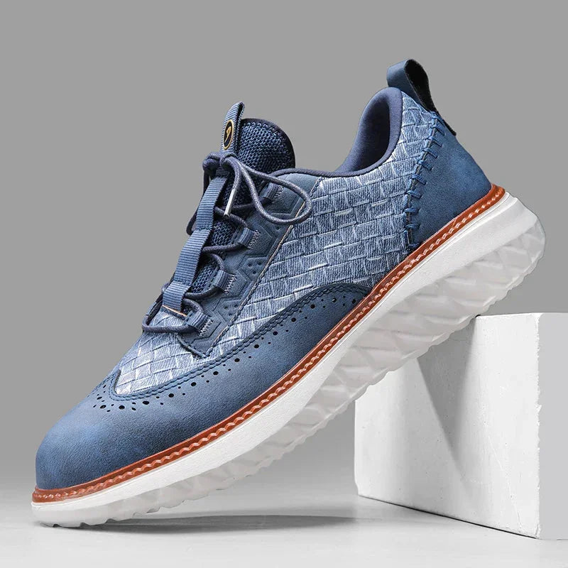 Blue Men's Woven Leather Sneakers — Nicole Cushioned Wingtip Lace-Up - Side Pose