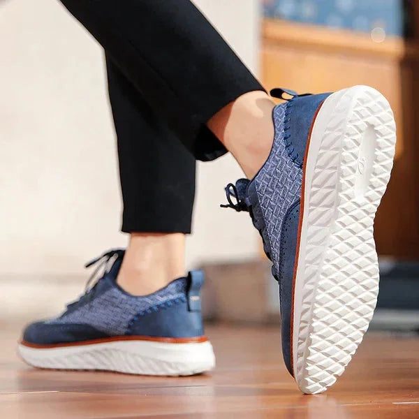 Blue Men's Woven Leather Sneakers — Nicole Cushioned Wingtip Lace-Up - Sole Detail