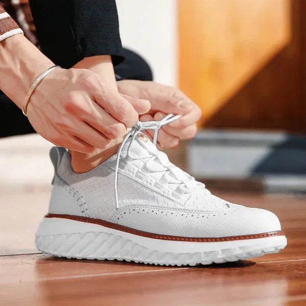 White Men's Woven Leather Sneakers — Nicole Cushioned Wingtip Lace-Up - Lace Tying Detail