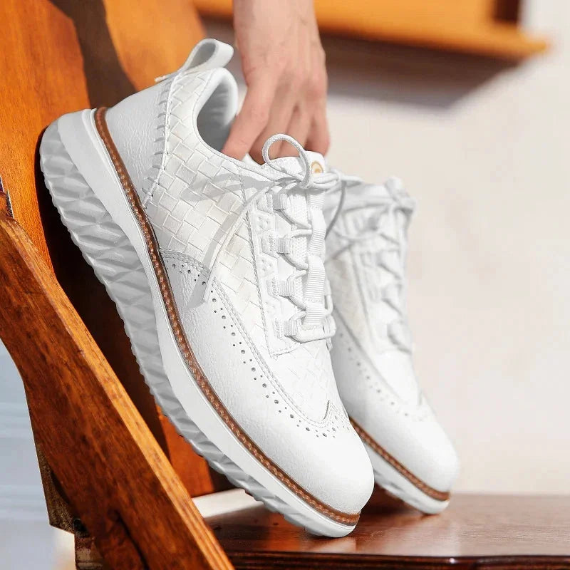 White Men's Woven Leather Sneakers — Nicole Cushioned Wingtip Lace-Up - Worn Lifestyle Chair