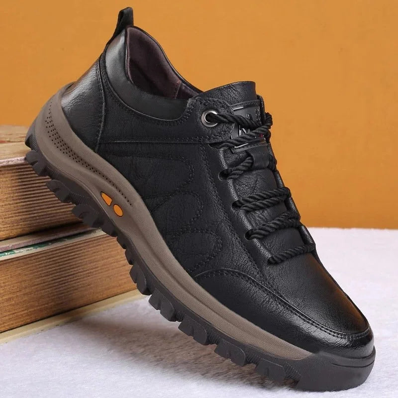 Black Men's Leather Walking Shoes — Harvey Rugged Lace-Up Orthopedic - Angled On Books