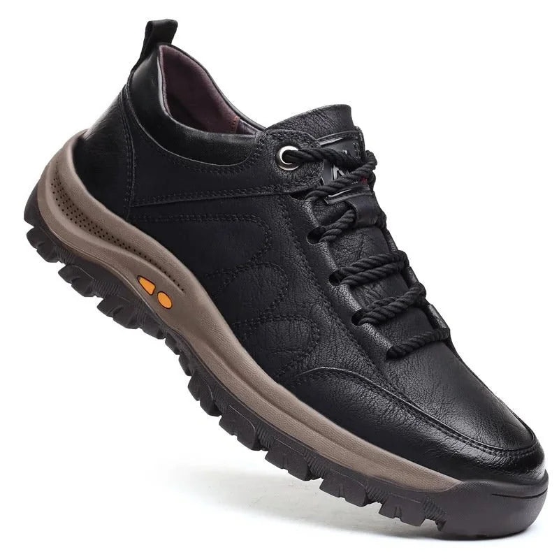 Black Men's Leather Walking Shoes — Harvey Rugged Lace-Up Orthopedic - Angled Side Studio