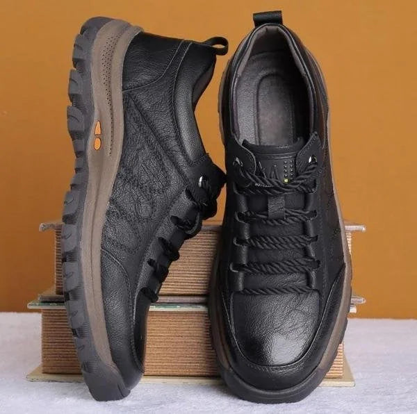 Black Men's Leather Walking Shoes — Harvey Rugged Lace-Up Orthopedic - Top View Pair Books
