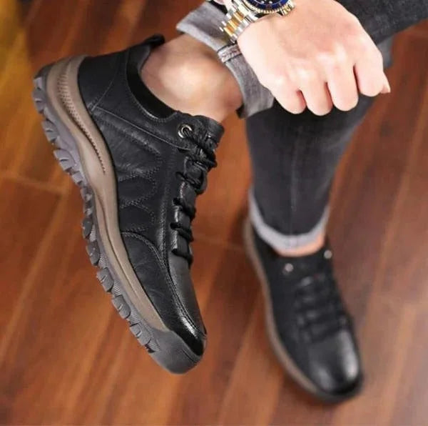 Black Men's Leather Walking Shoes — Harvey Rugged Lace-Up Orthopedic - Worn Lifestyle Side