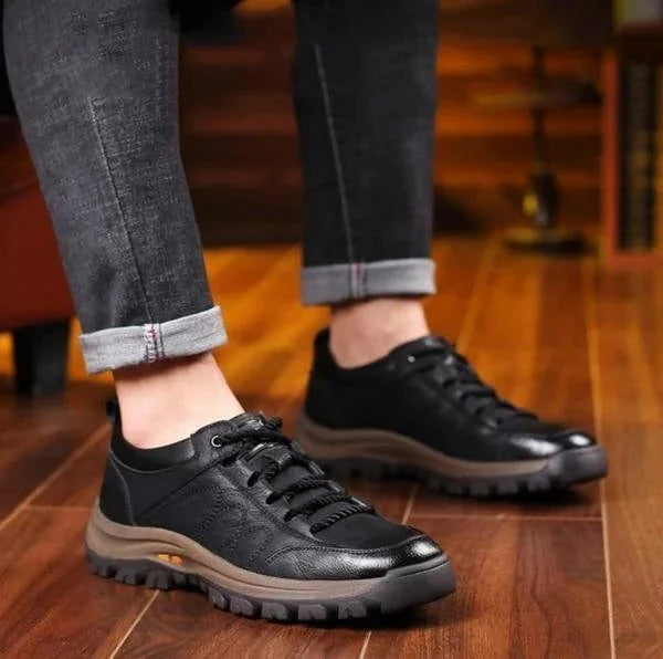 Black Men's Leather Walking Shoes — Harvey Rugged Lace-Up Orthopedic - Worn Lifestyle Standing