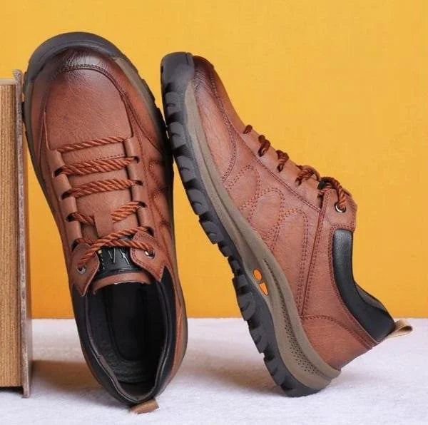 Brown Men's Leather Walking Shoes — Harvey Rugged Lace-Up Orthopedic - Pair Angled Books
