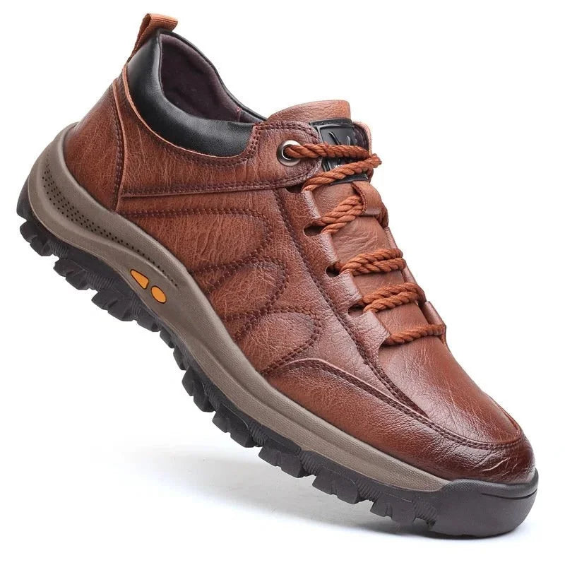 Brown Men's Leather Walking Shoes — Harvey Rugged Lace-Up Orthopedic - Side Profile Studio