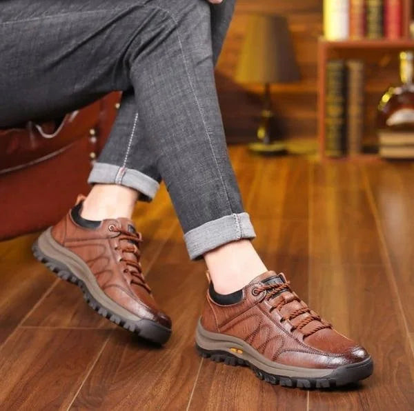 Brown Men's Leather Walking Shoes — Harvey Rugged Lace-Up Orthopedic - Worn Lifestyle Seated