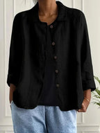 Black Women's Lightweight Linen Blazer — Rose Button-Front Rolled-Sleeve Relaxed - Front Detail