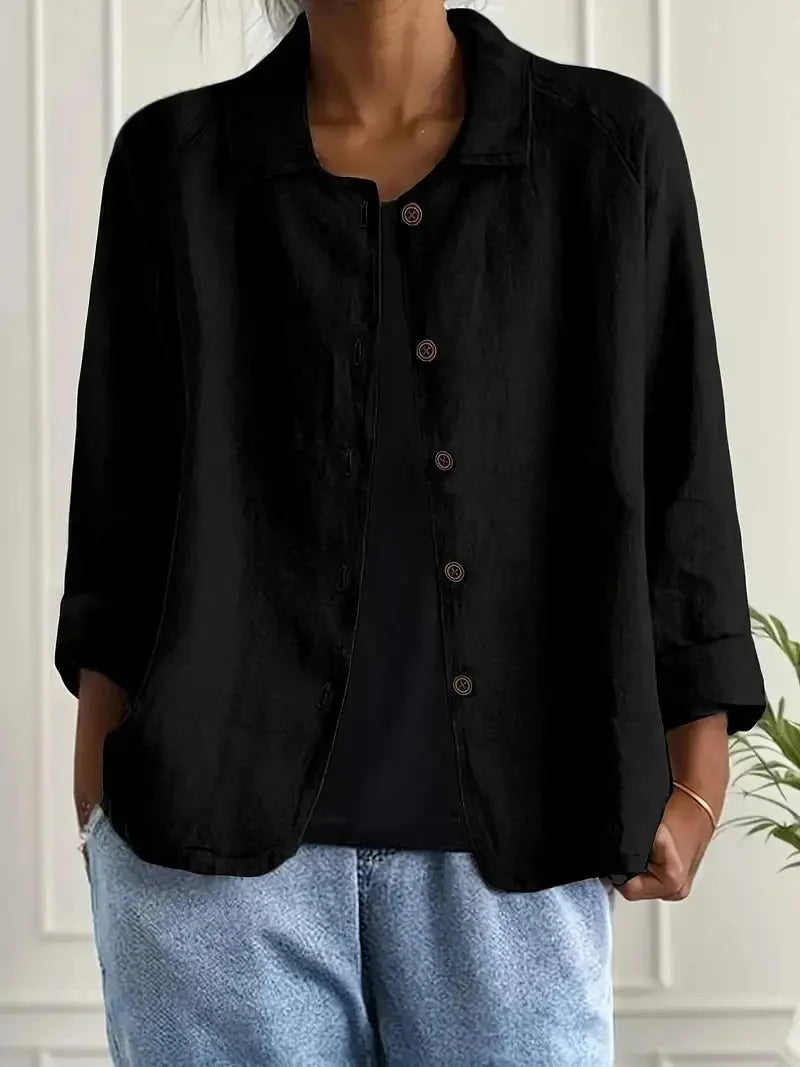 Black Women's Lightweight Linen Blazer — Rose Button-Front Rolled-Sleeve Relaxed - Front Detail