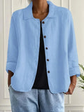 Blue Women's Lightweight Linen Blazer — Rose Button-Front Rolled-Sleeve Relaxed - Front Full