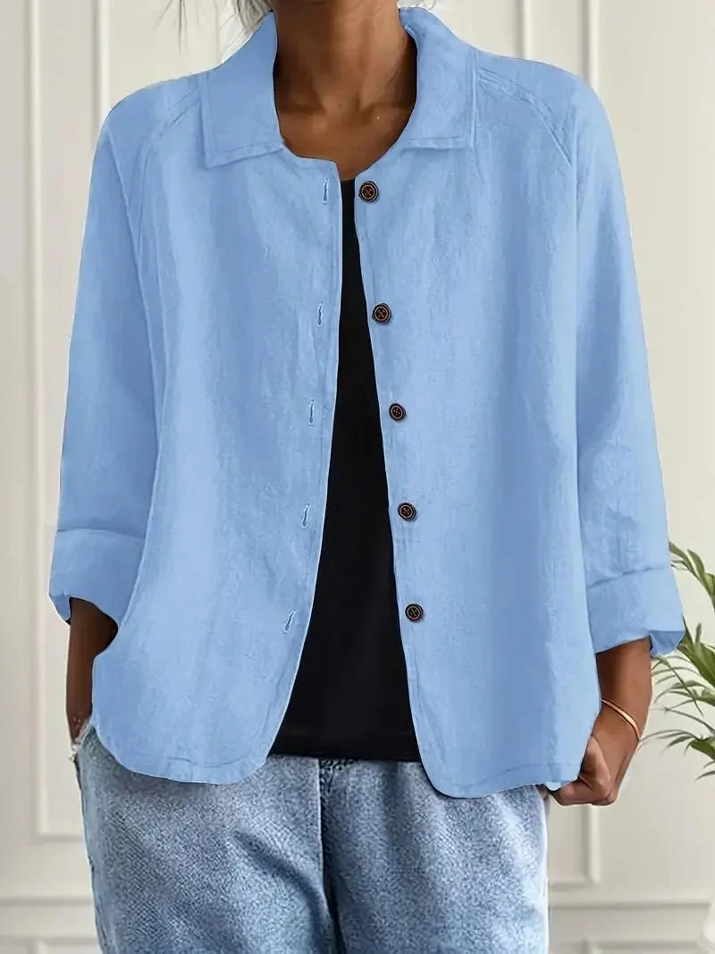 Blue Women's Lightweight Linen Blazer — Rose Button-Front Rolled-Sleeve Relaxed - Front Full