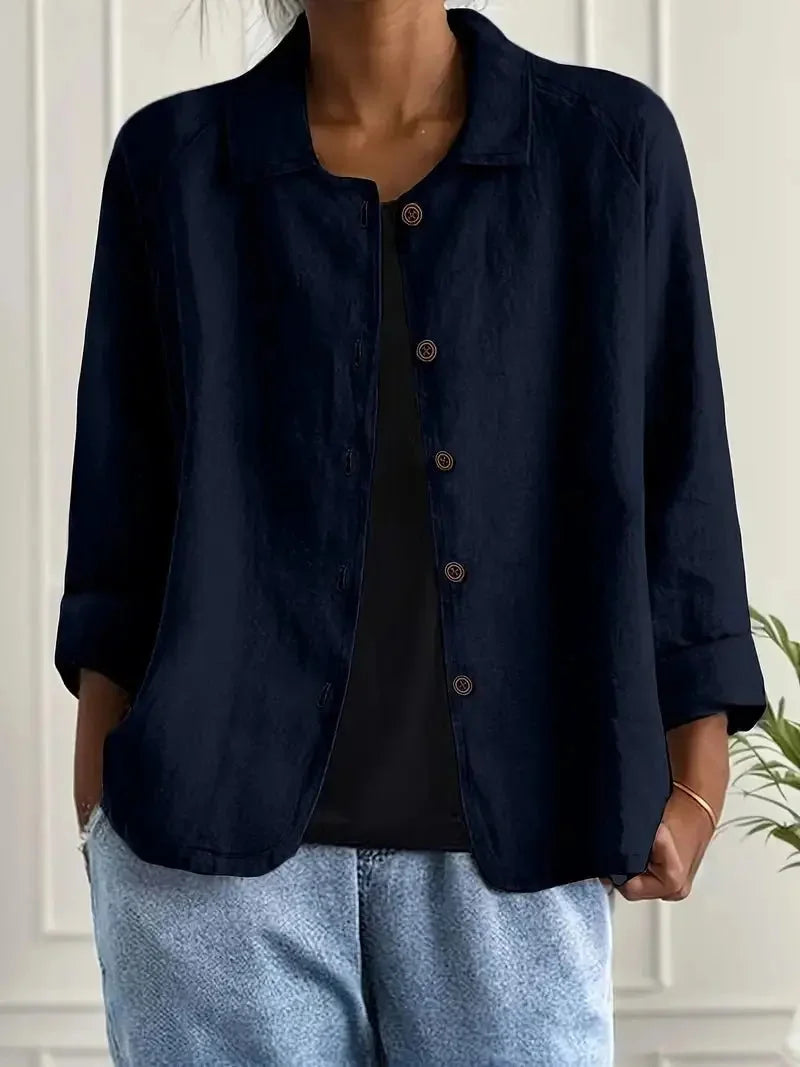 Blue Women's Lightweight Linen Blazer — Rose Button-Front Rolled-Sleeve Relaxed - Front Navy