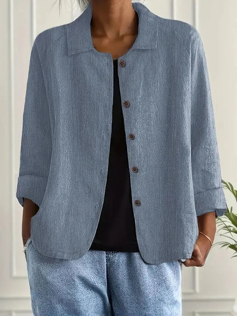 Blue Women's Lightweight Linen Blazer — Rose Button-Front Rolled-Sleeve Relaxed - Front Open
