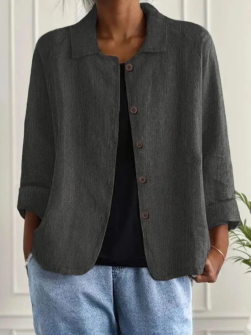 Gray Women's Lightweight Linen Blazer — Rose Button-Front Rolled-Sleeve Relaxed - Front Charcoal