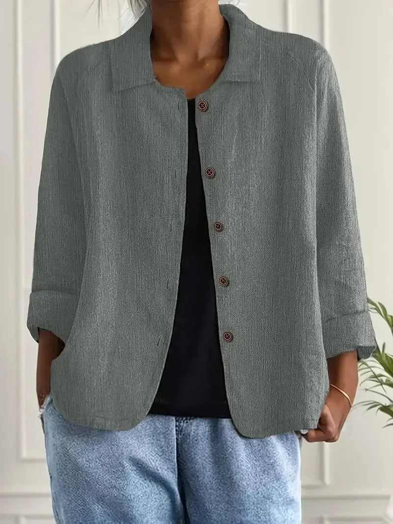 Gray Women's Lightweight Linen Blazer — Rose Button-Front Rolled-Sleeve Relaxed - Front Plain