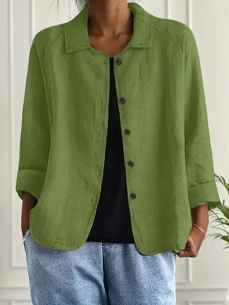 Green Women's Lightweight Linen Blazer — Rose Button-Front Rolled-Sleeve Relaxed - Front Casual
