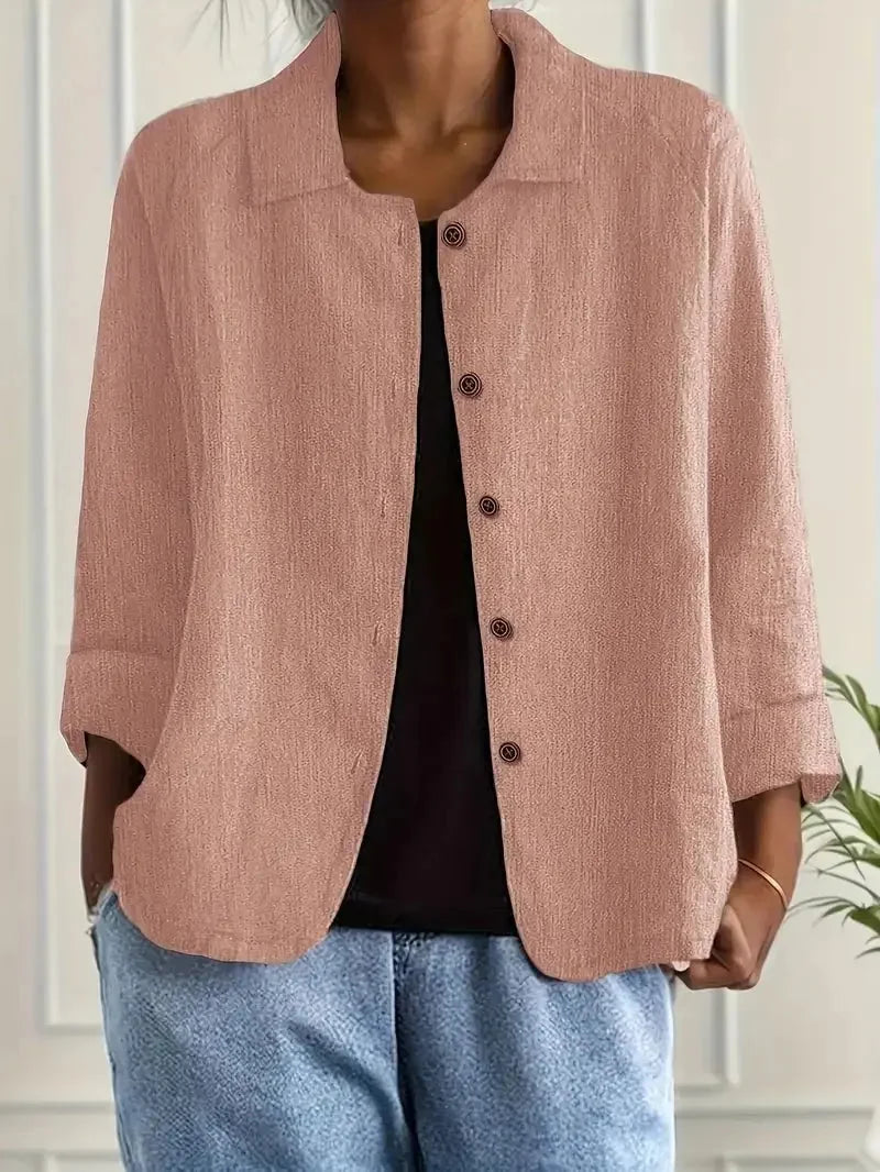 Pink Women's Lightweight Linen Blazer — Rose Button-Front Rolled-Sleeve Relaxed - Front Pose