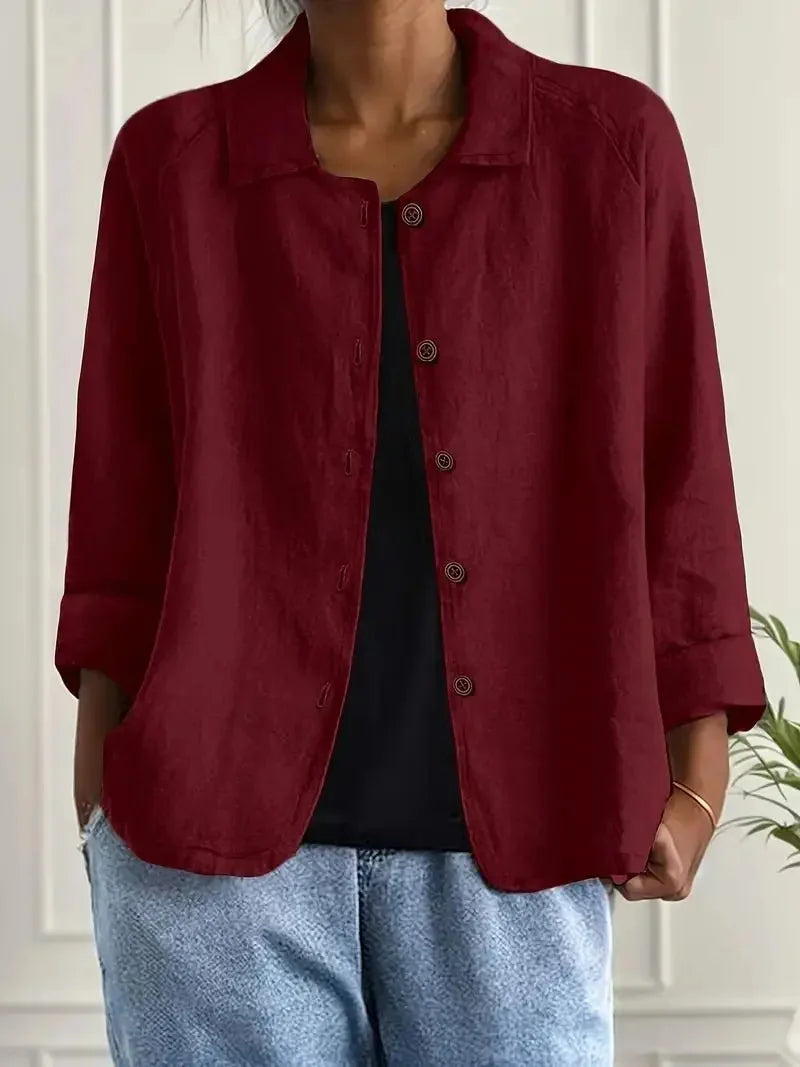 Red Women's Lightweight Linen Blazer — Rose Button-Front Rolled-Sleeve Relaxed - Front Studio