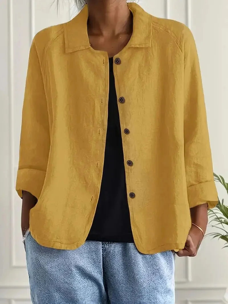 Yellow Women's Lightweight Linen Blazer — Rose Button-Front Rolled-Sleeve Relaxed - Front Lifestyle