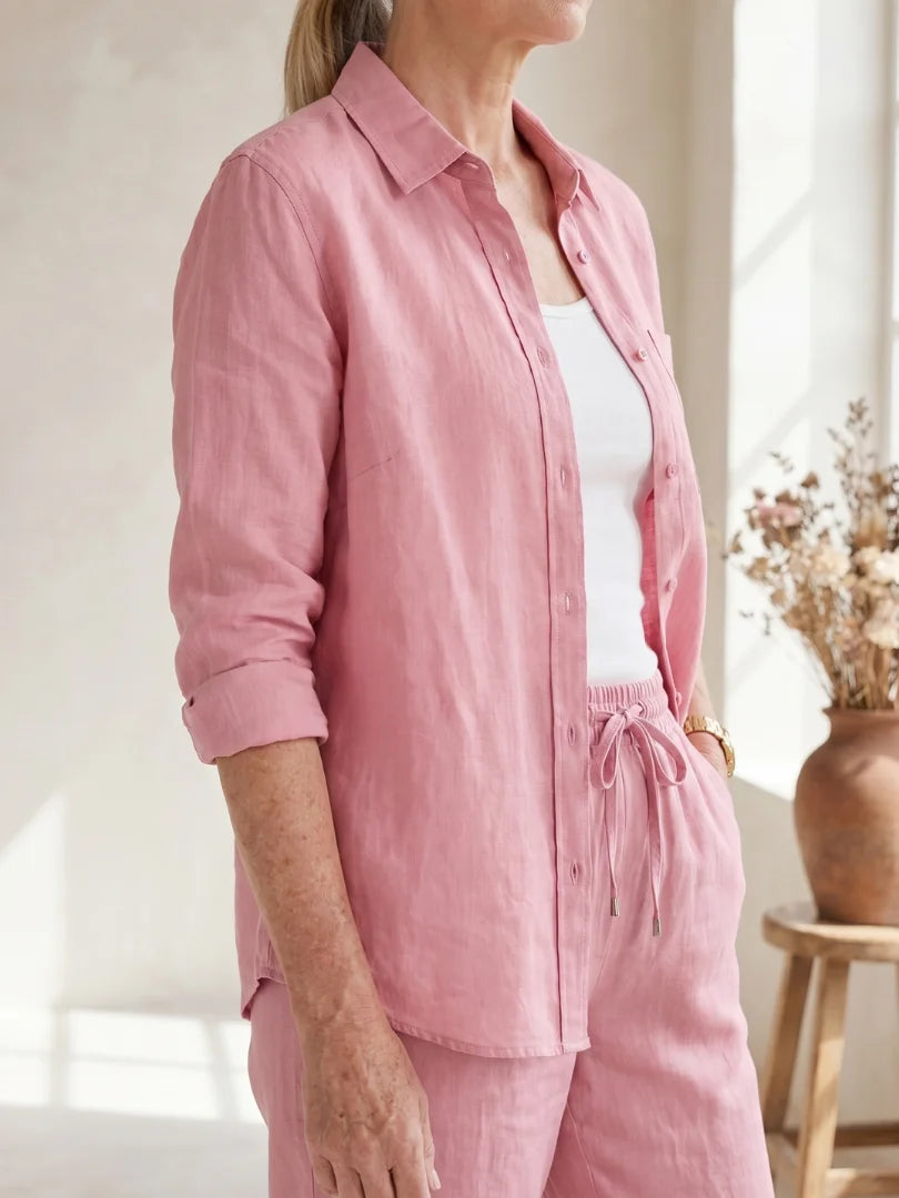 Pink Women's Linen Two Piece Set — Cecily Button-Front Tapered Drawstring - Close Up Buttons