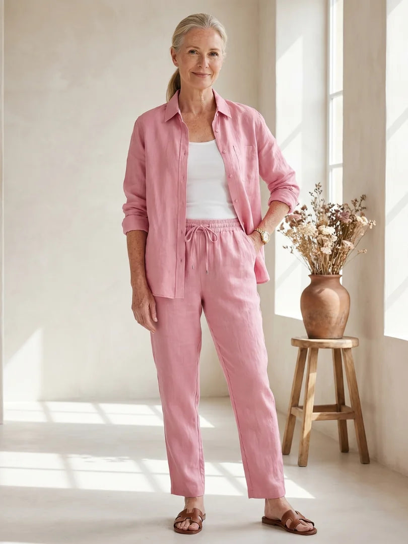 Pink Women's Linen Two Piece Set — Cecily Button-Front Tapered Drawstring - Front Full