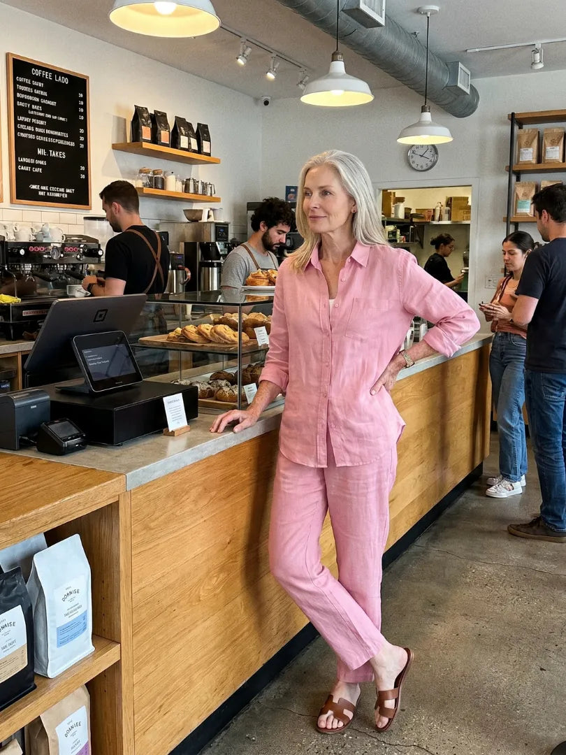 Pink Women's Linen Two Piece Set — Cecily Button-Front Tapered Drawstring - Worn Lifestyle Cafe