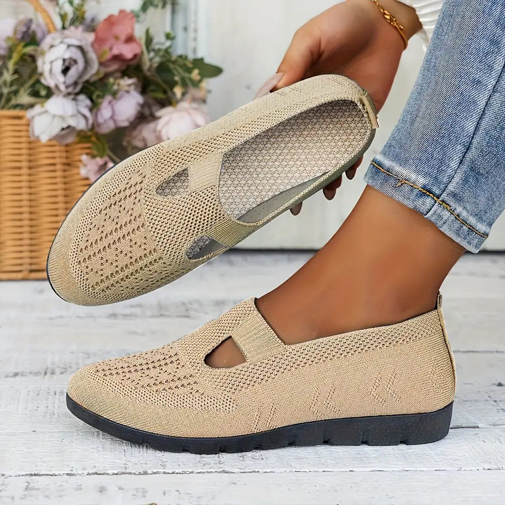 Beige Knit Ballet Flats for Women — Bella Slip-On Cutout Mary - Hand Hold Basket Background