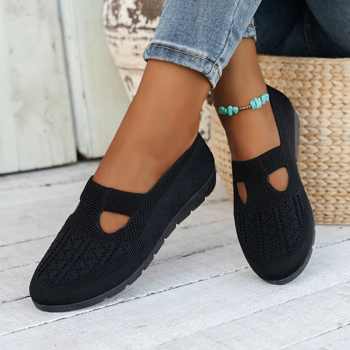 Black Knit Ballet Flats for Women — Bella Slip-On Cutout Mary - Basket Background Pose
