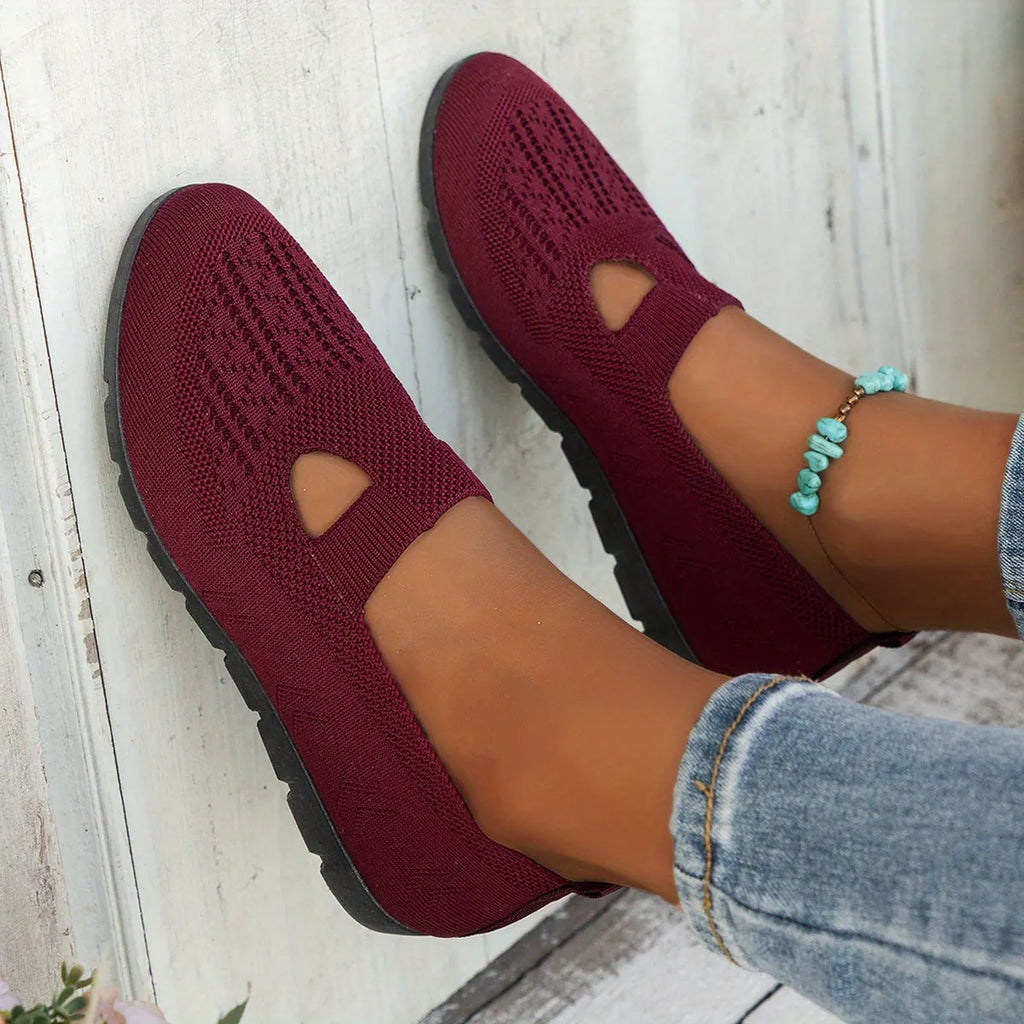 Black Knit Ballet Flats for Women — Bella Slip-On Cutout Mary - Wall Lean Crossed Feet