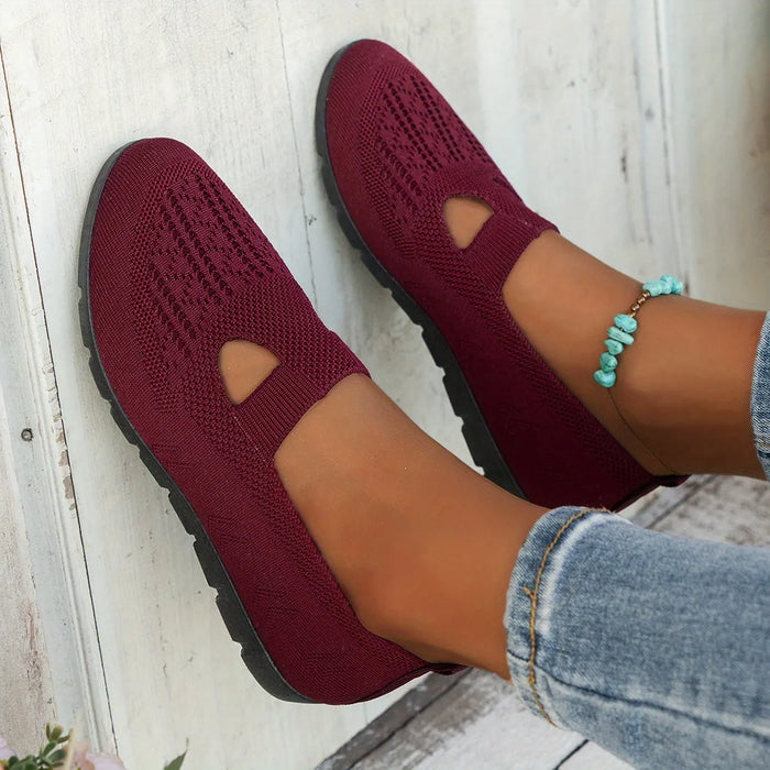 Black Knit Ballet Flats for Women — Bella Slip-On Cutout Mary - Wall Lean Crossed Feet